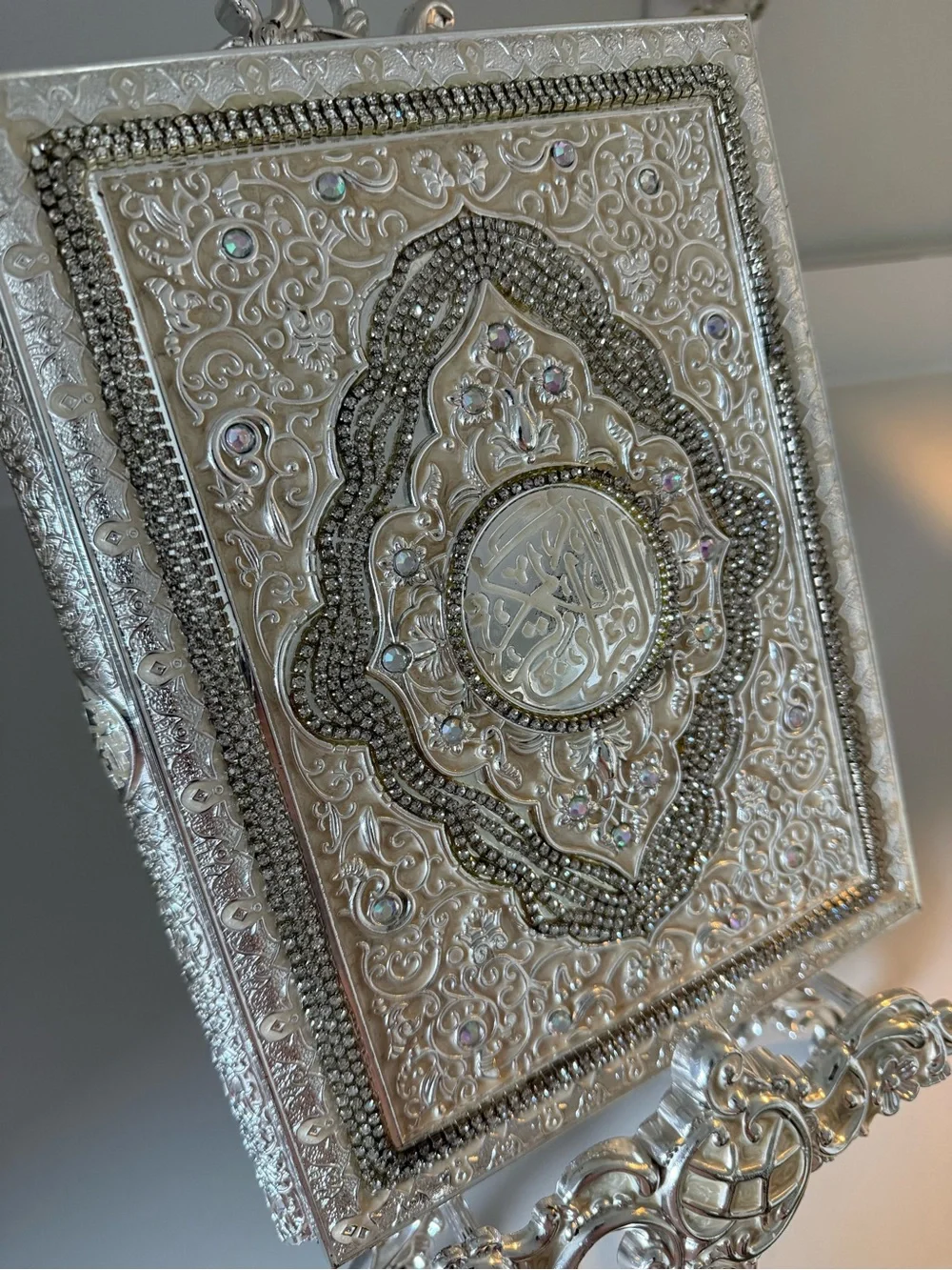 Ornate Silver Decorative Quran Stand and Cover